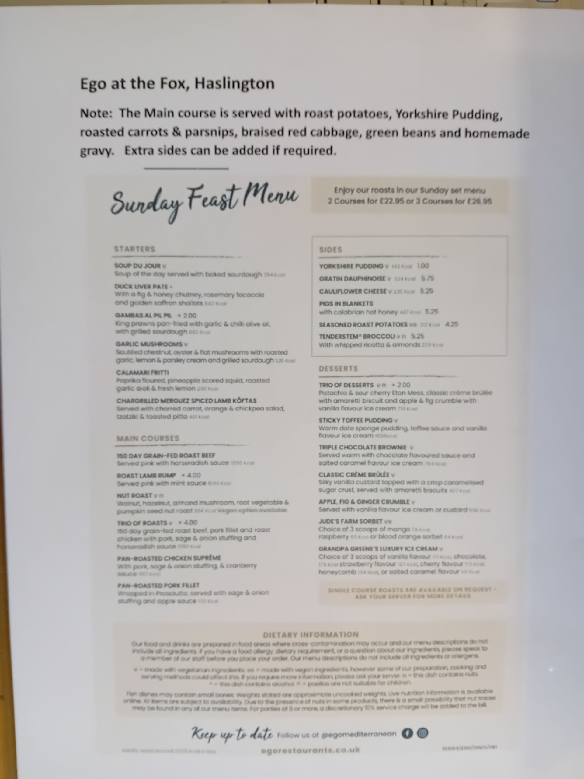 Ego - Sunday Feast Menu